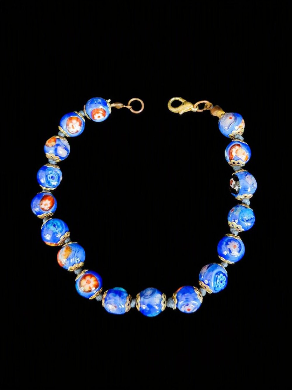 Vintage 1970s Murano Glass Wedding Cake Bead Bracelet 8" Cobalt Blue
